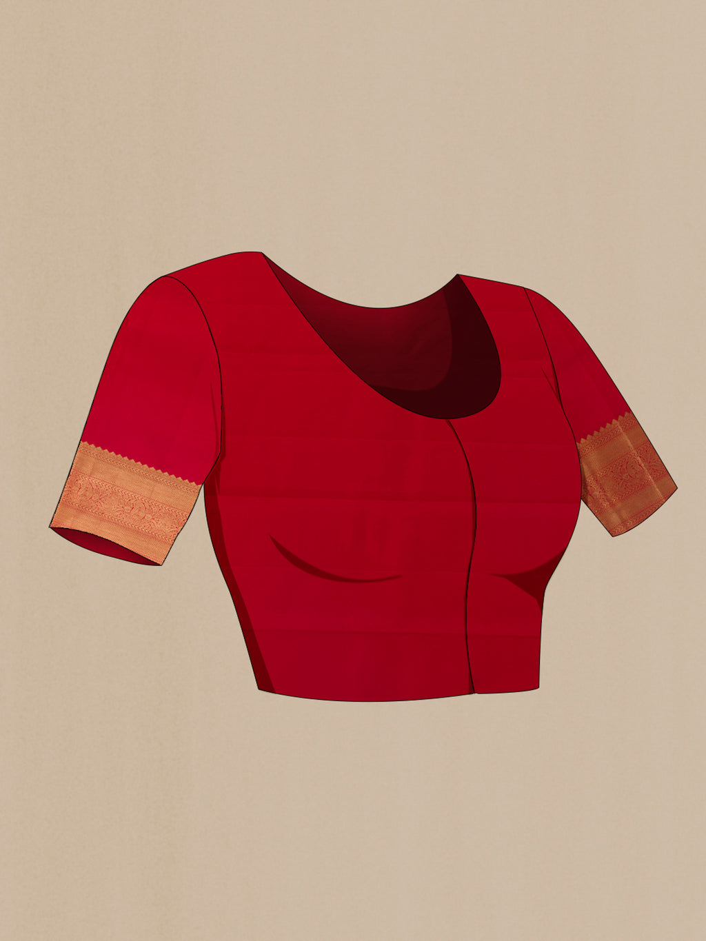 Close up image of the blouse of Pure Silk Red Kanchipuram Saree with Zari Brocade on the body and Zari Border. 