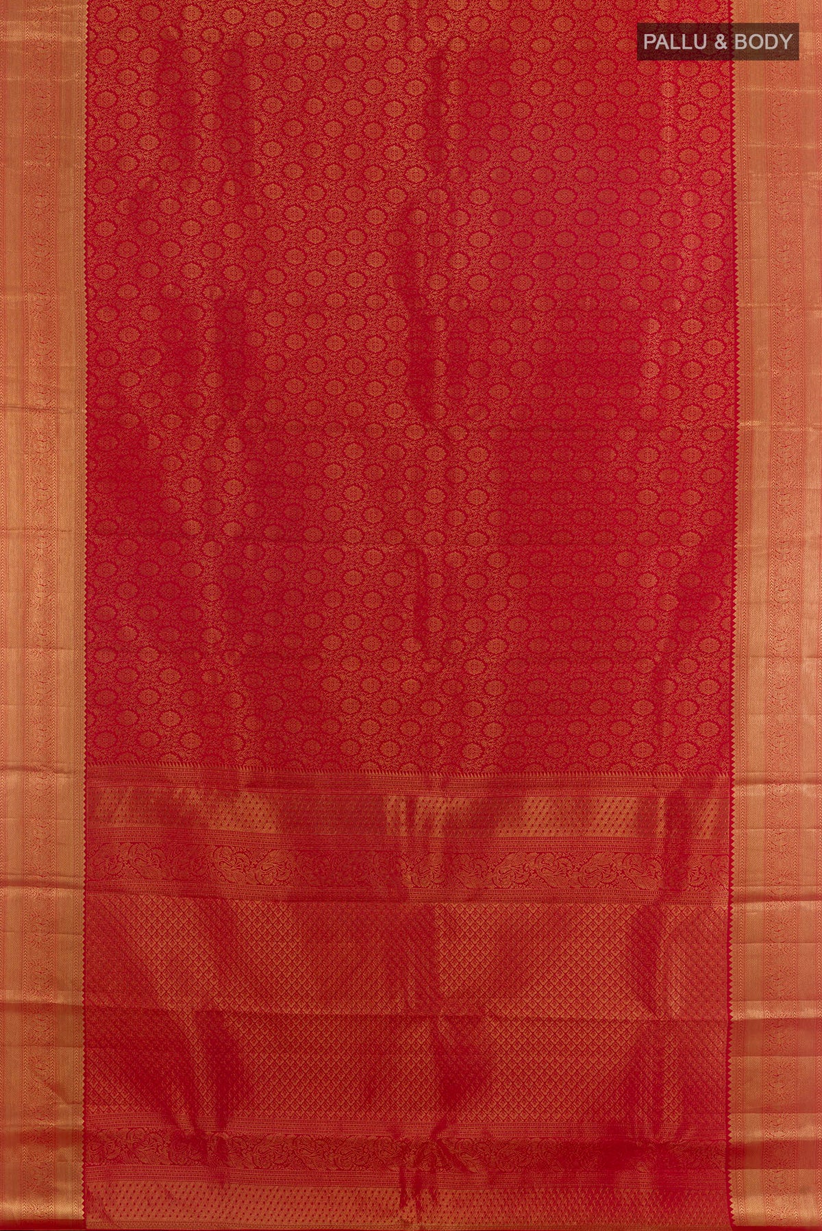Flat view of Pure Silk Red Kanchipuram Saree with Zari Brocade on the body and Zari Border. 