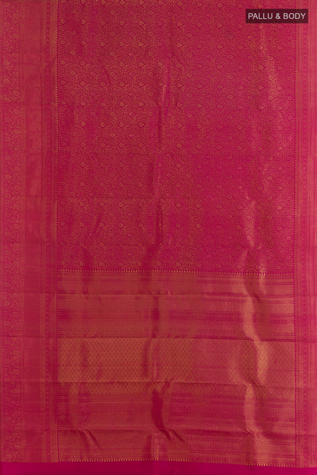 Flat view of Pure Silk Pink Kanchipuram Saree with Zari Brocade on the body and Zari Border. 