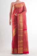 Pure Silk Red Kanchipuram Saree with Zari Butta on the body and Zari Border.  displayed on a mannequin