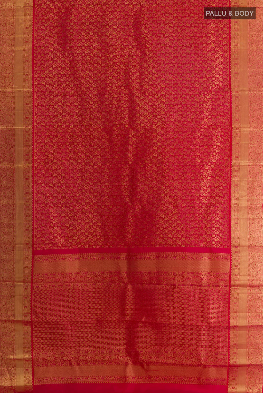Flat view of Pure Silk Red Kanchipuram Saree with Zari Butta on the body and Zari Border. 