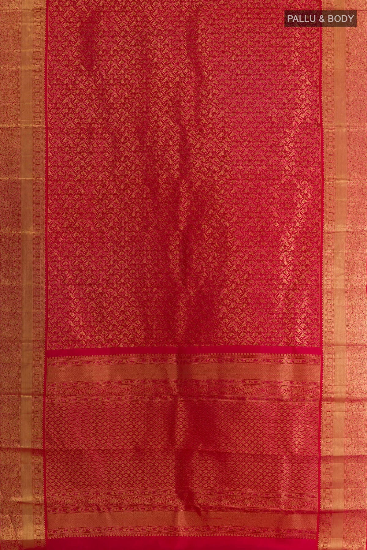 Flat view of Pure Silk Red Kanchipuram Saree with Zari Butta on the body and Zari Border. 