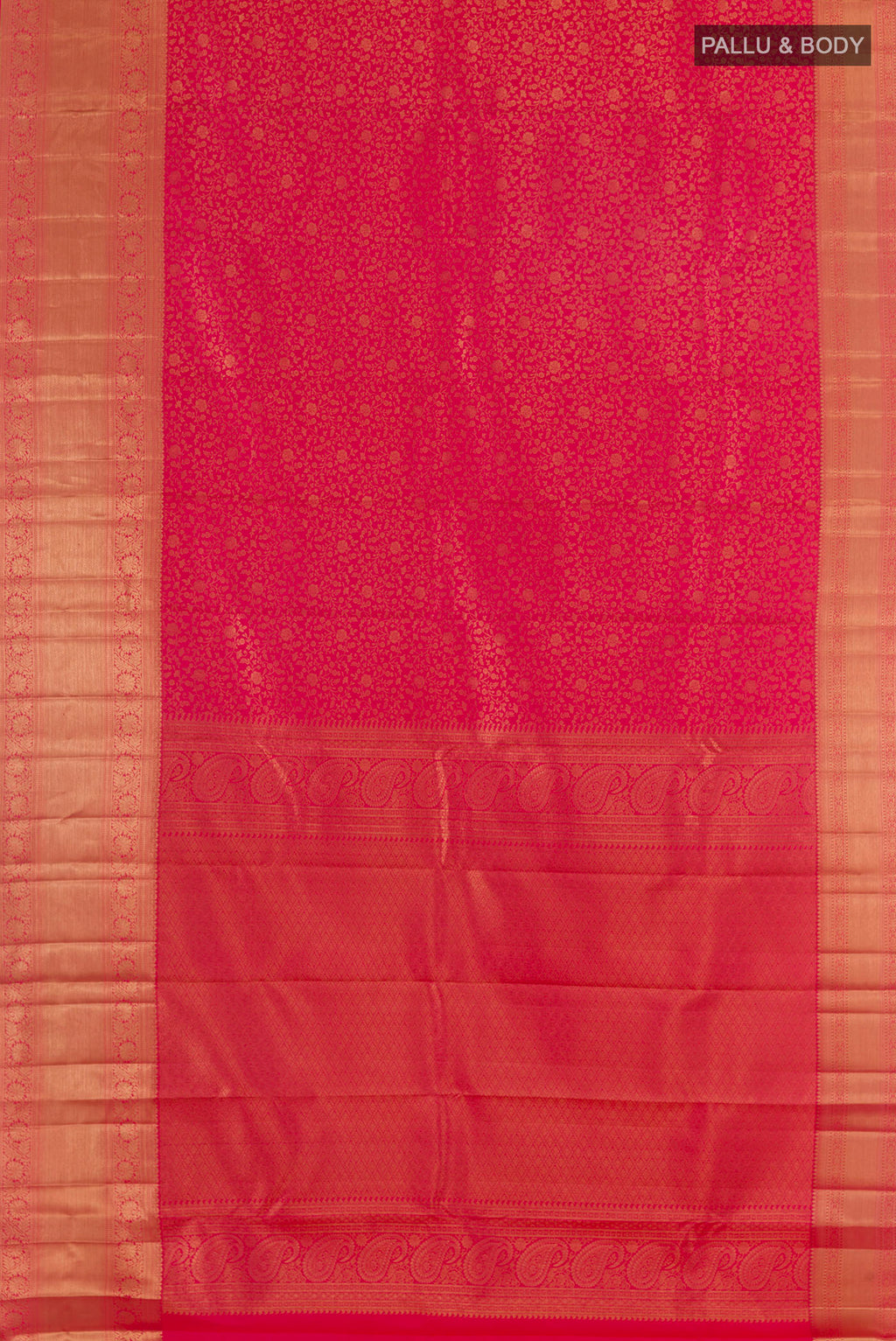 Flat view of Pure Silk Pink Kanchipuram Saree with Zari Butta on the body and Zari Border. 