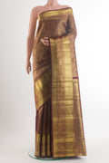 Pure Silk Coffee Brown Kanchipuram Saree with Zari Brocade on the body and Zari Border.  displayed on a mannequin