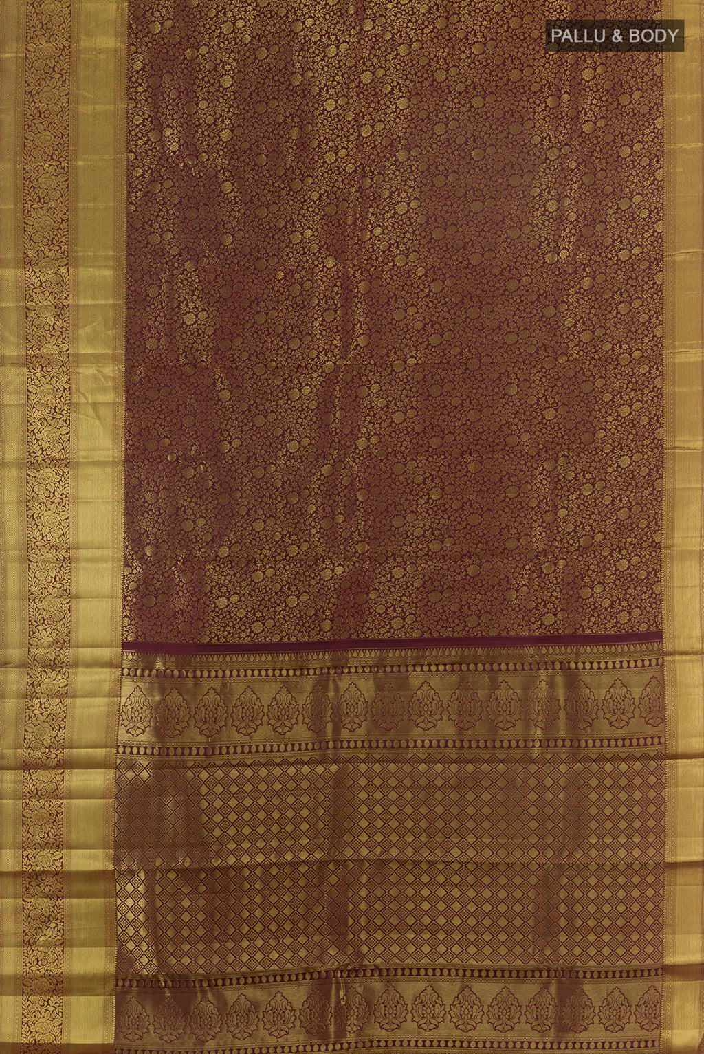 Flat view of Pure Silk Coffee Brown Kanchipuram Saree with Zari Brocade on the body and Zari Border. 