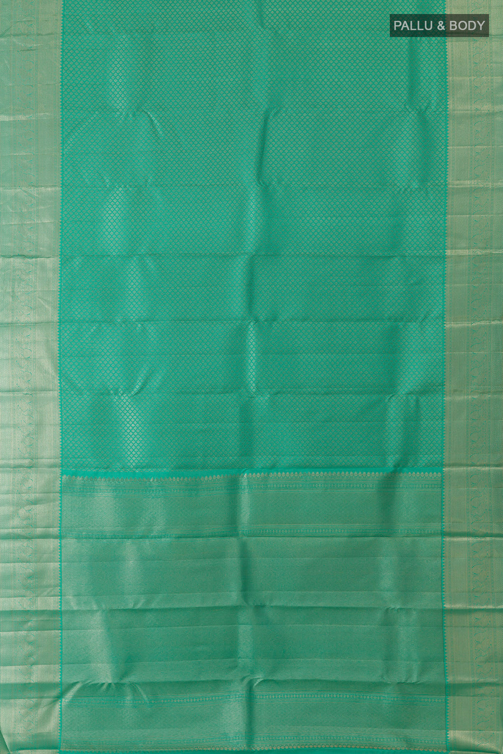Flat view of Pure Silk Sea Green Kanchipuram Saree with Zari Brocade on the body and Zari Border. 