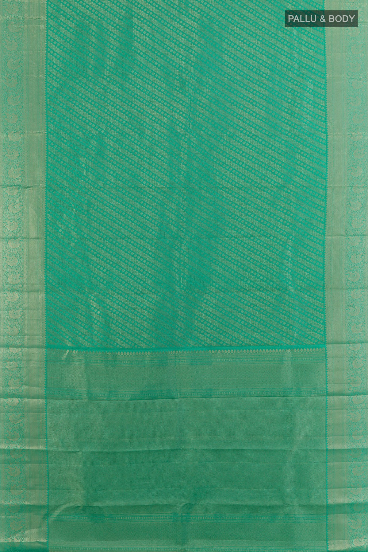 Flat view of Pure Silk Sea Green Kanchipuram Saree with Zari Brocade on the body and Zari Border. 