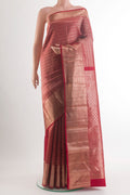 Pure Silk Red Kanchipuram Saree with Zari Brocade on the body and Zari Border.  displayed on a mannequin