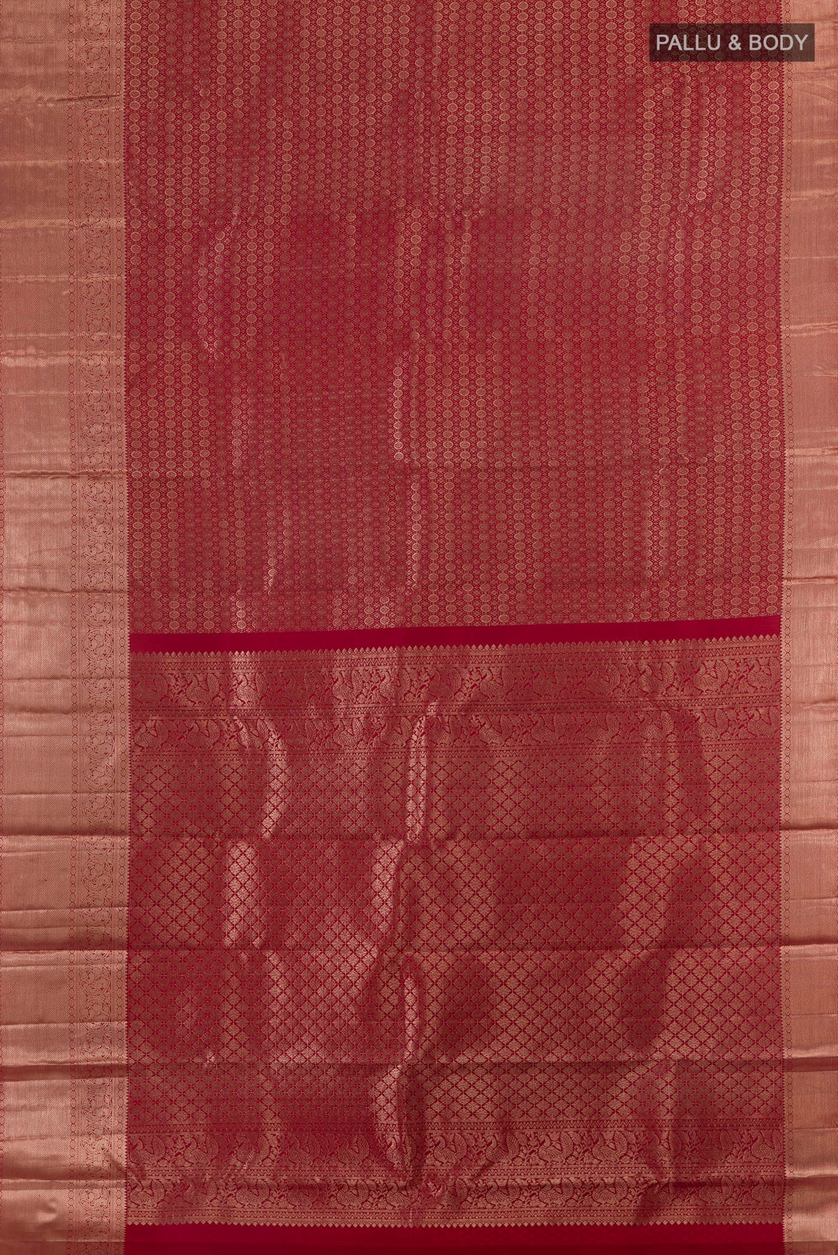 Flat view of Pure Silk Red Kanchipuram Saree with Zari Brocade on the body and Zari Border. 