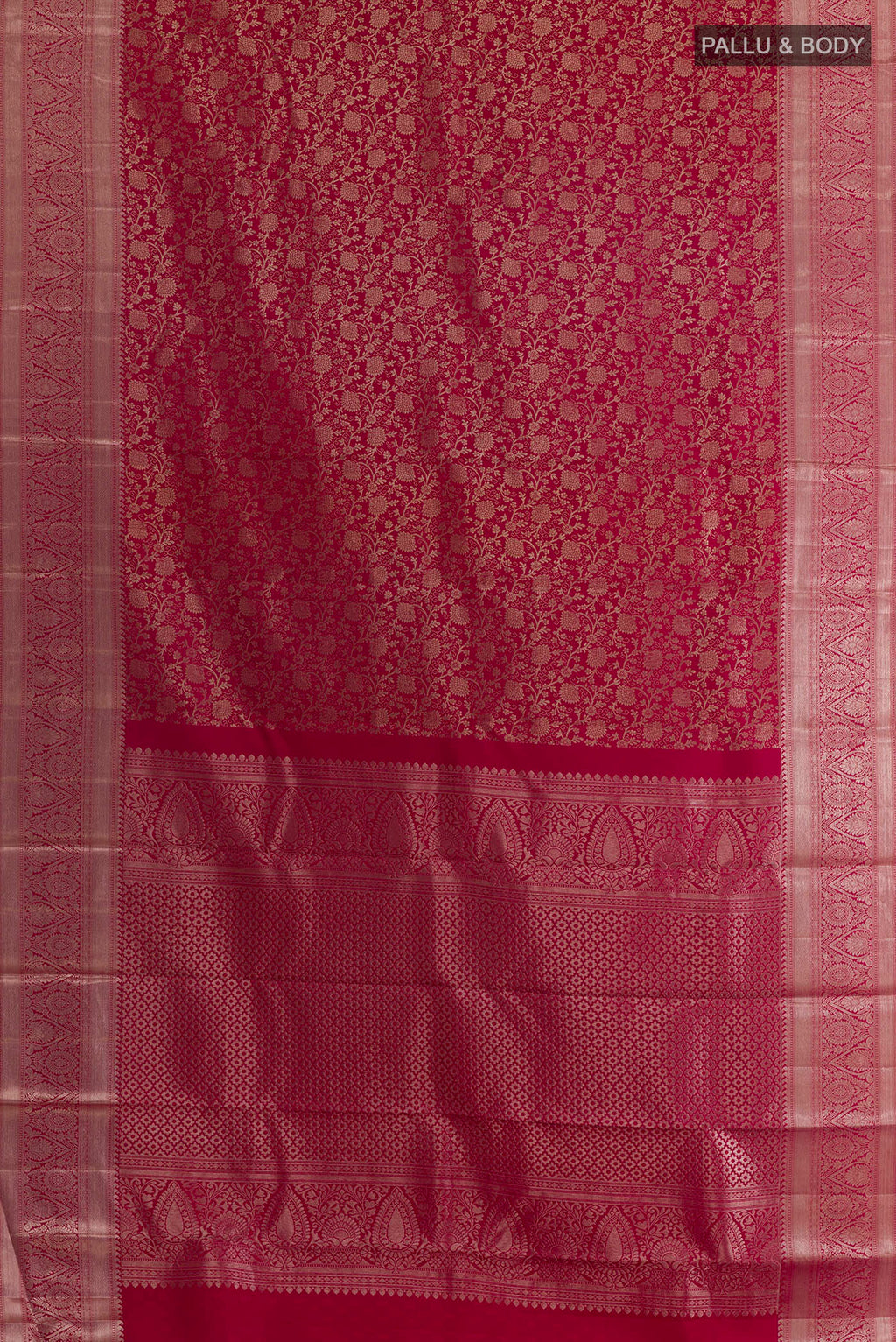 Flat view of Pure Silk Red Kanchipuram Saree with Zari Brocade on the body and Zari Border. 