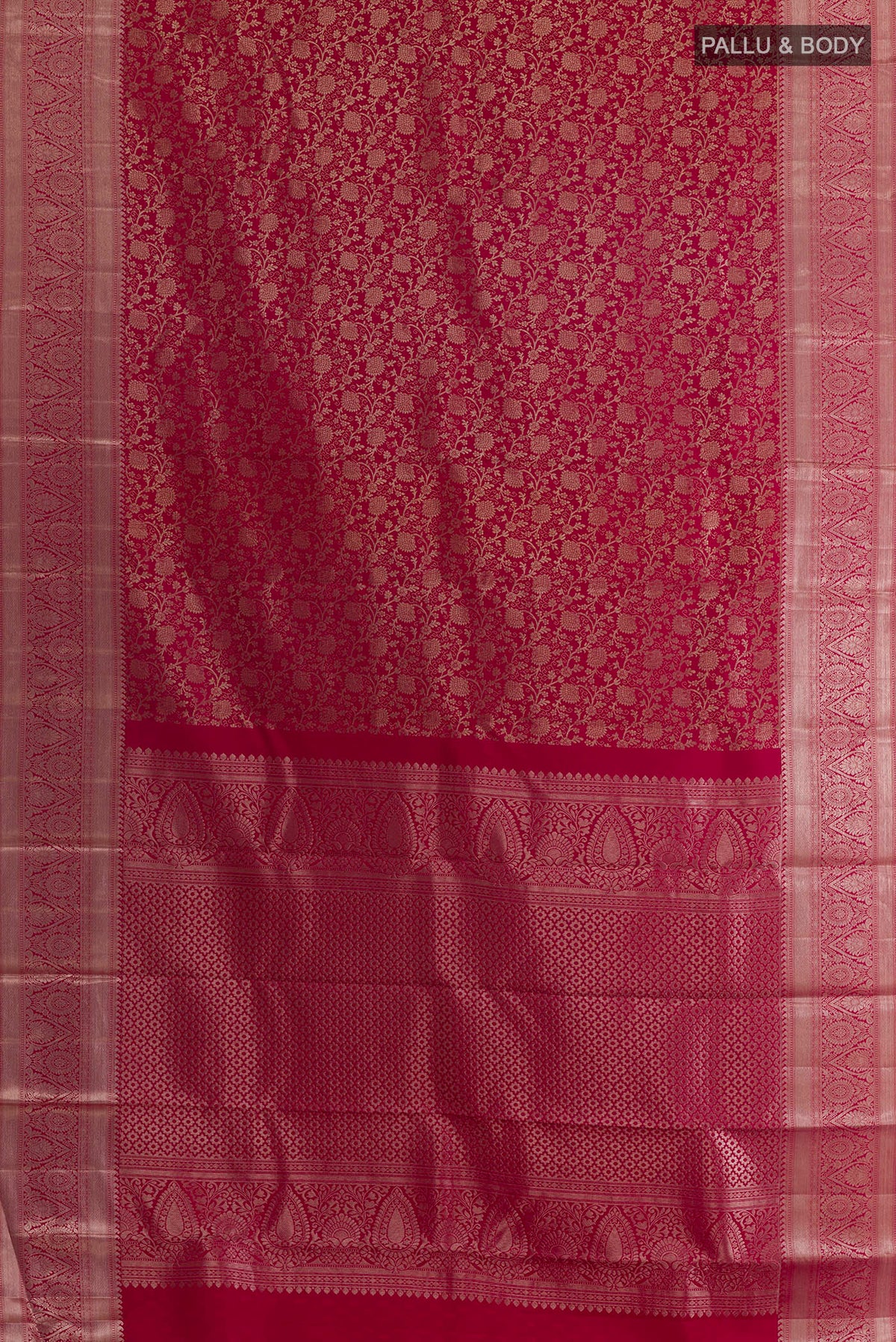 Flat view of Pure Silk Red Kanchipuram Saree with Zari Brocade on the body and Zari Border. 