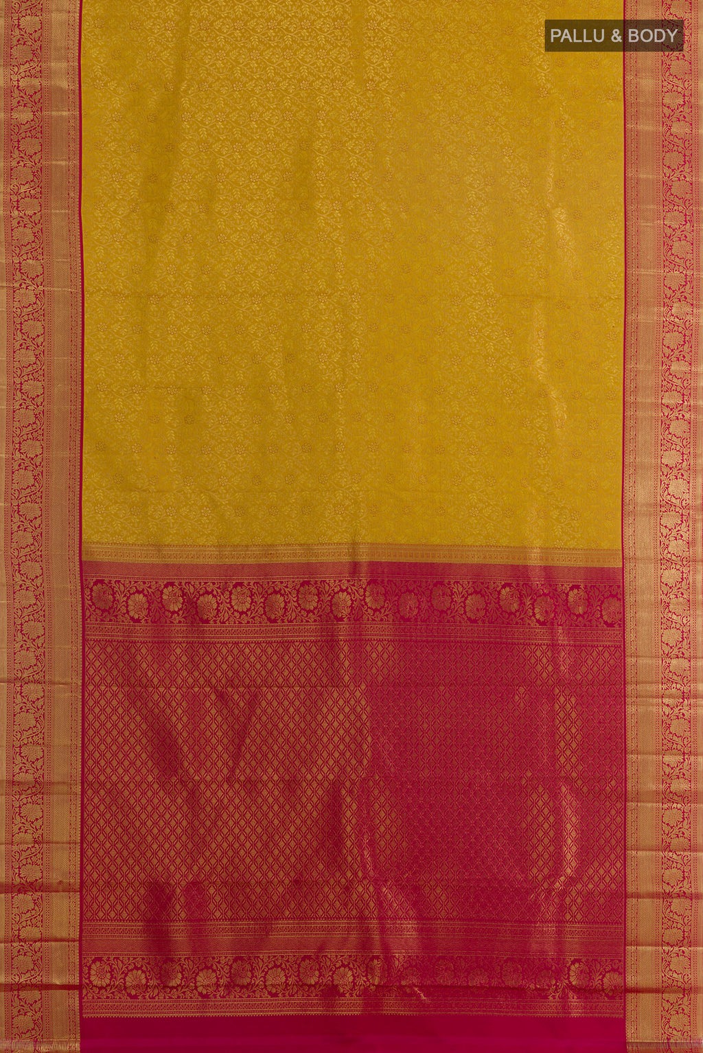 Flat view of Pure Silk Yellow Kanchipuram Saree with Zari Brocade on the body and Zari Border. 