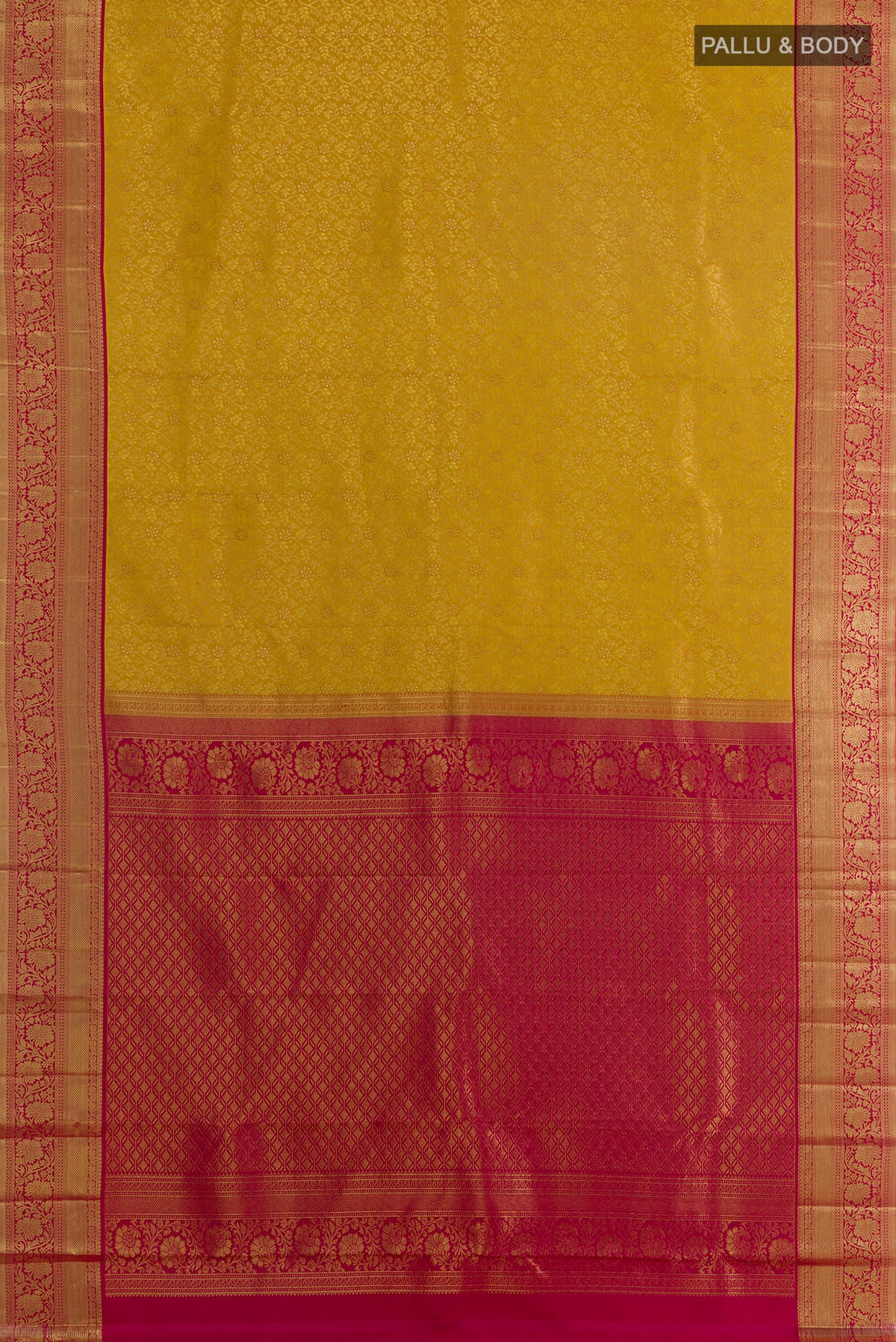 Flat view of Pure Silk Yellow Kanchipuram Saree with Zari Brocade on the body and Zari Border. 