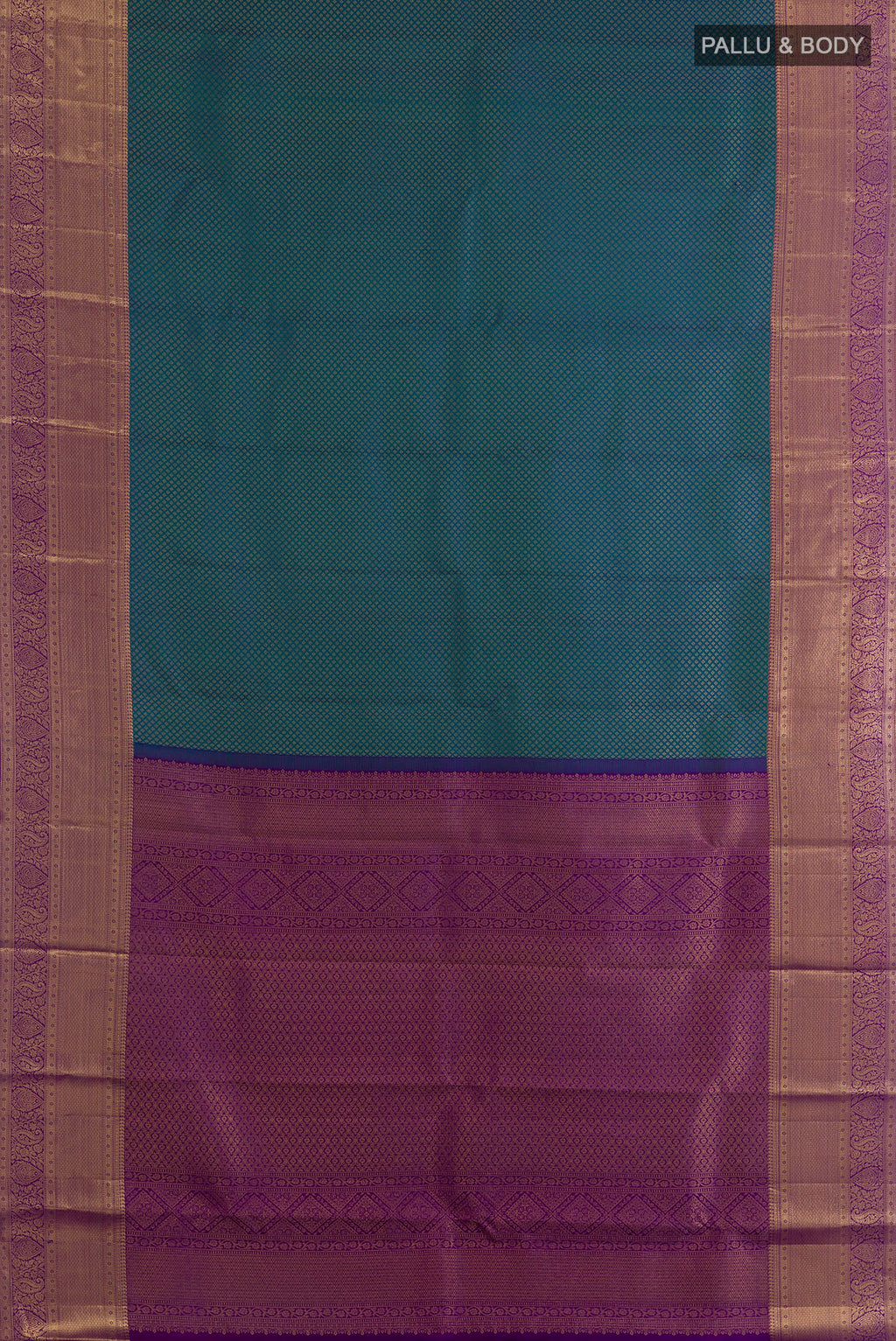Flat view of Pure Silk Peacock Blue Kanchipuram Saree with Zari Brocade on the body and Zari Border. 