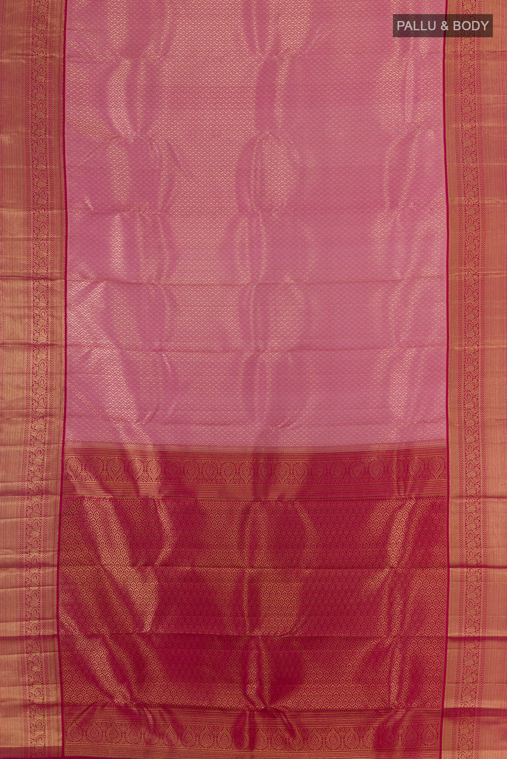 Flat view of Pure Silk Pink Kanchipuram Saree with Zari Brocade on the body and Zari Border. 