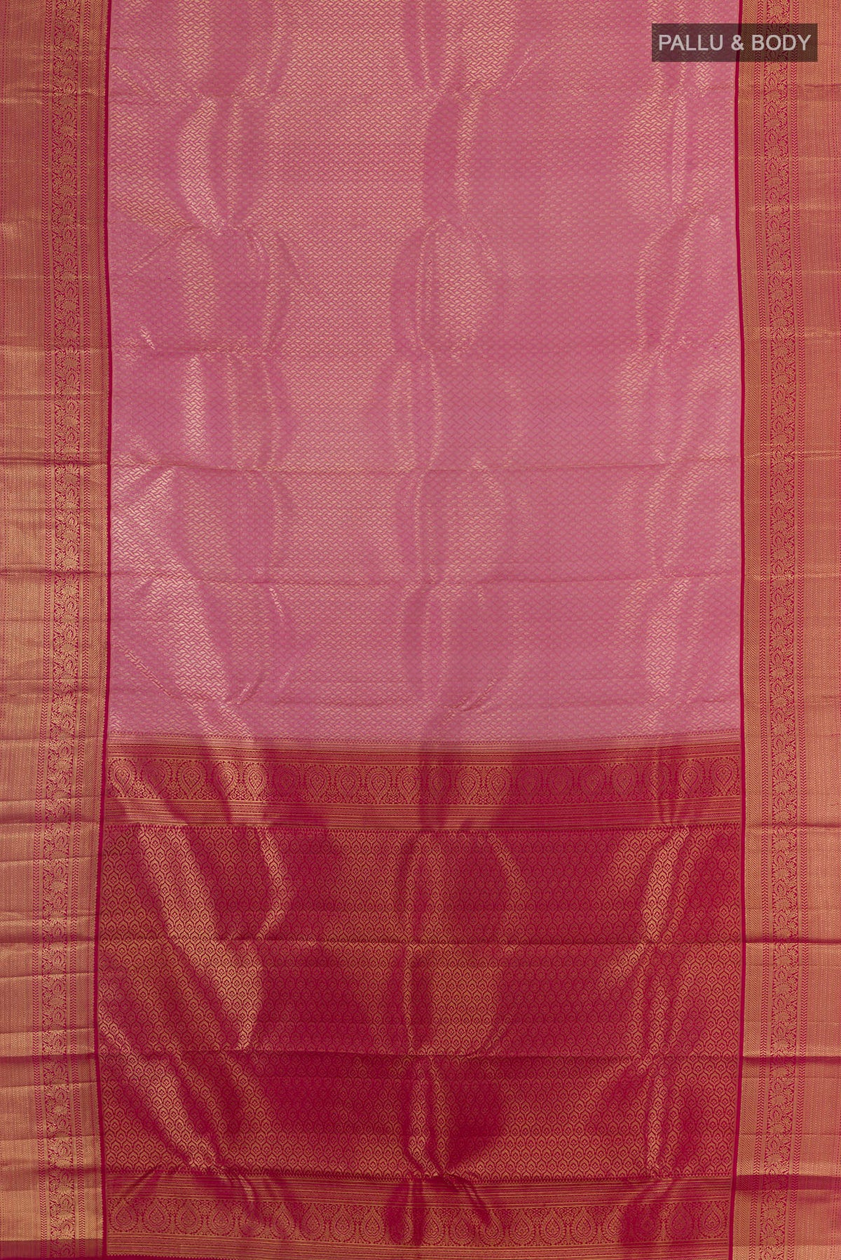 Flat view of Pure Silk Pink Kanchipuram Saree with Zari Brocade on the body and Zari Border. 