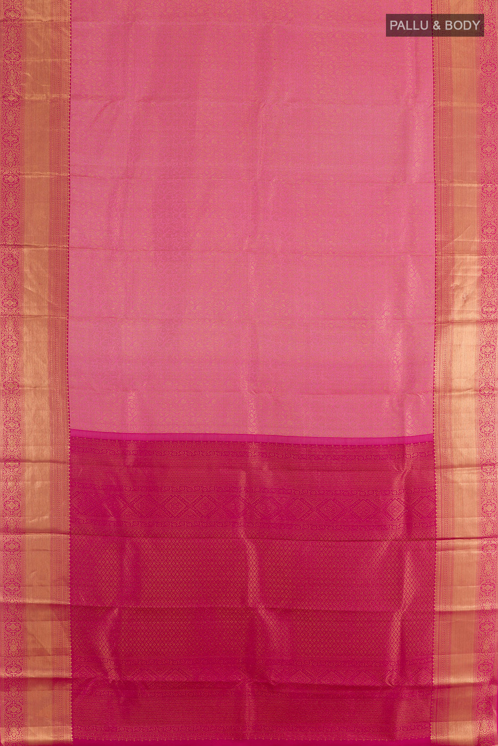 Flat view of Pure Silk Rose pink Kanchipuram Saree with Zari Brocade on the body and Zari Border. 