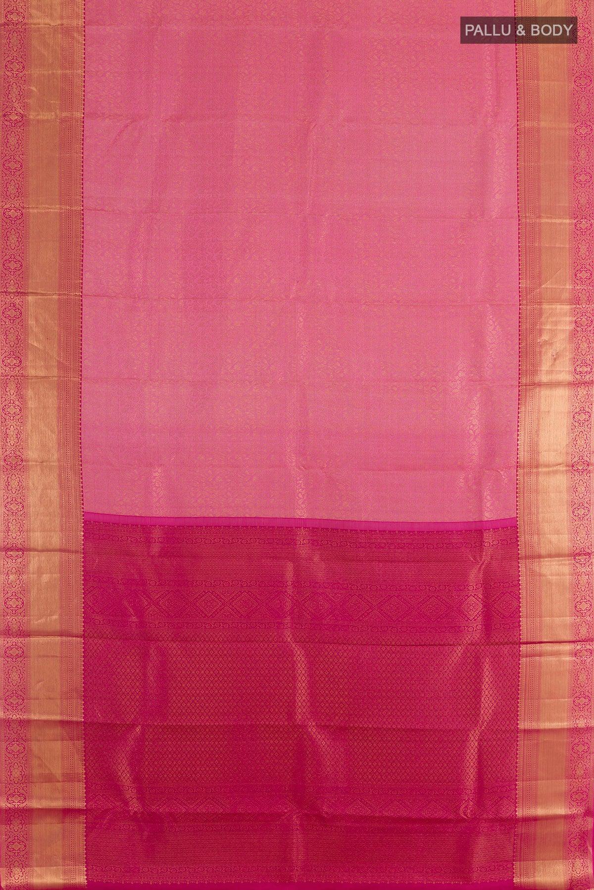 Flat view of Pure Silk Rose pink Kanchipuram Saree with Zari Brocade on the body and Zari Border. 