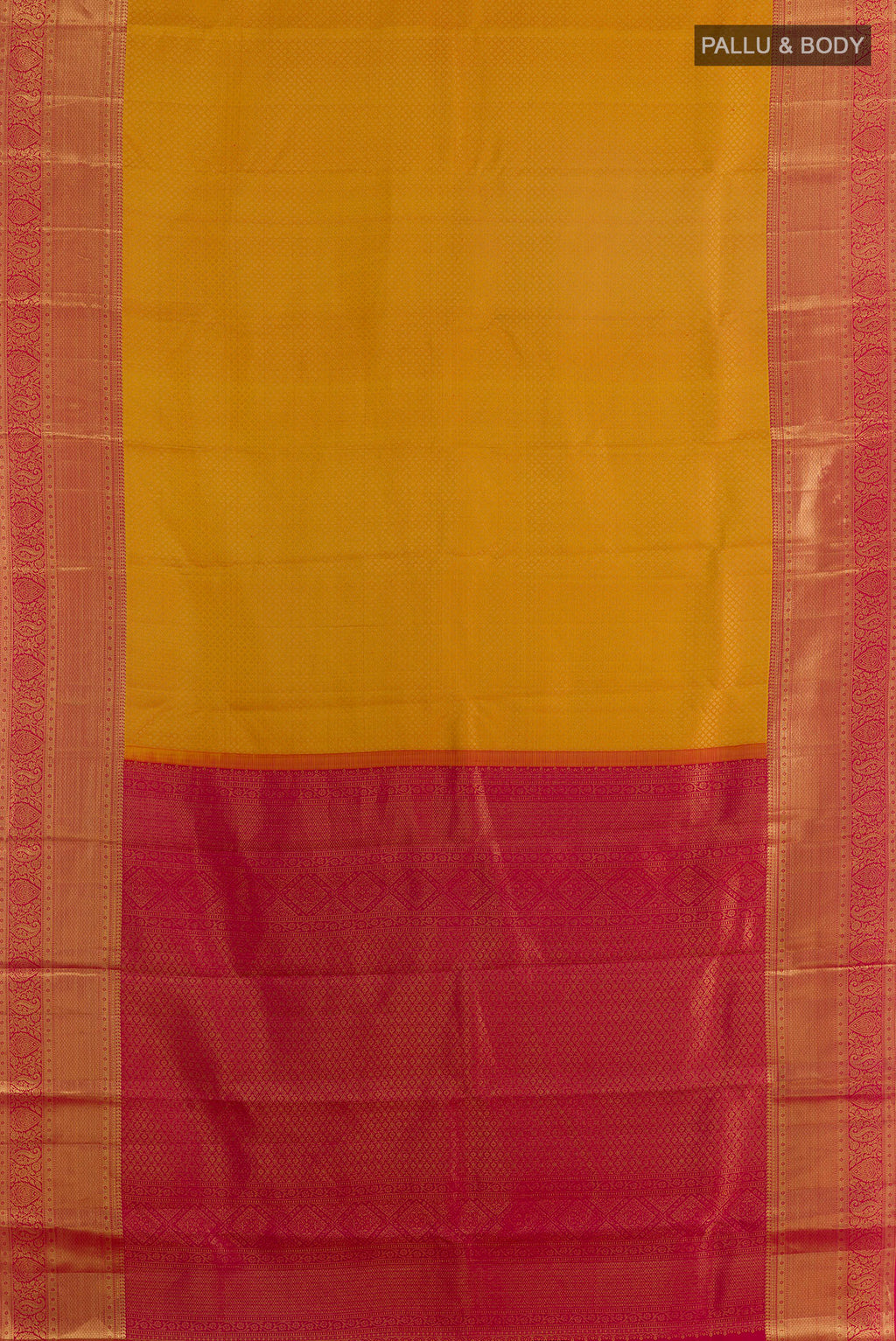 Flat view of Pure Silk Yellow Kanchipuram Saree with Zari Brocade on the body and Zari Border. 