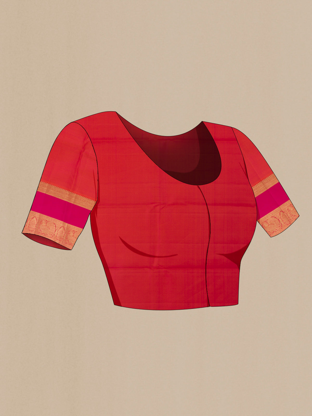 Close up image of the blouse of Pure Silk Brick Orange Kanchipuram Saree with Zari Brocade on the body and Zari Border. 