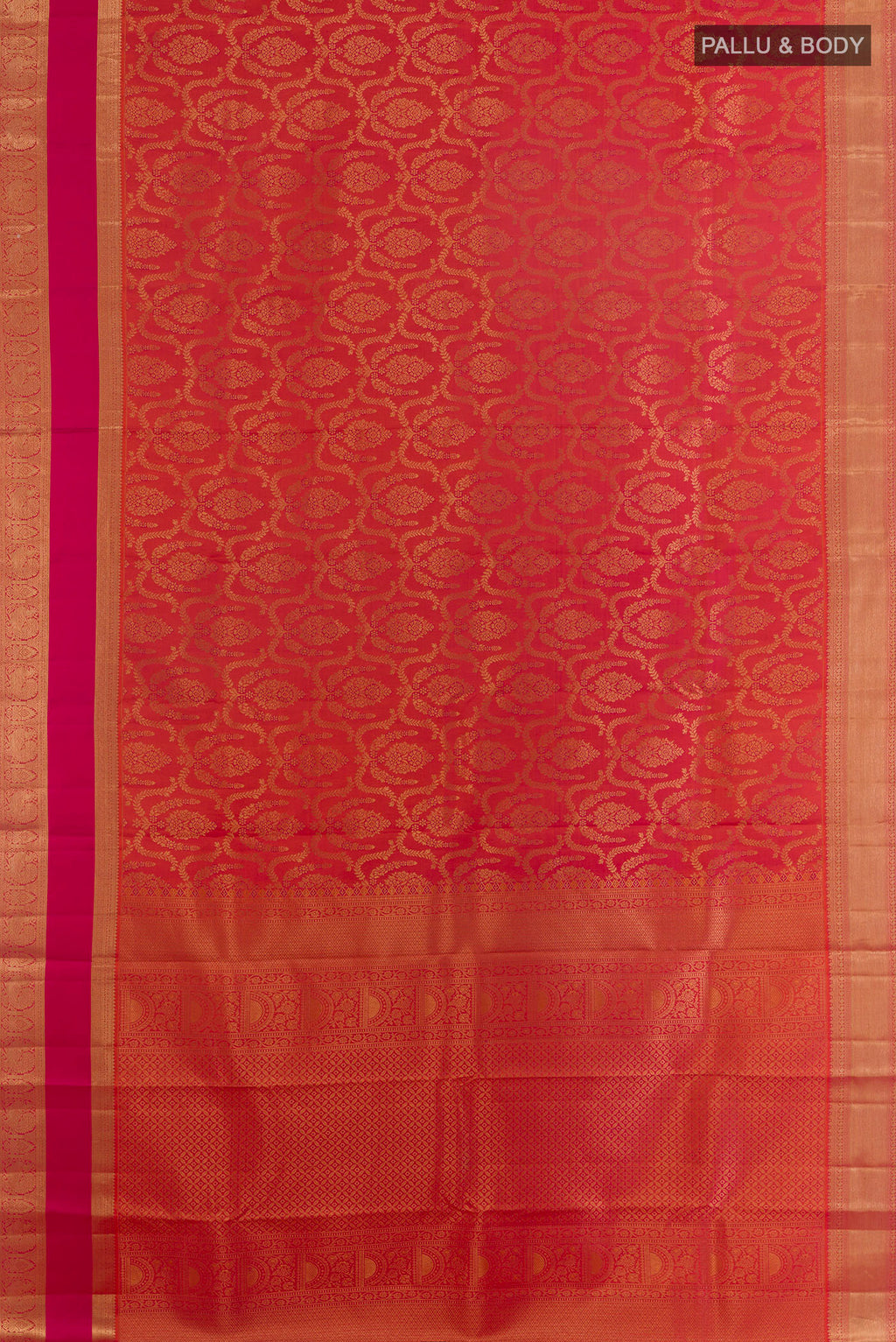 Flat view of Pure Silk Brick Orange Kanchipuram Saree with Zari Brocade on the body and Zari Border. 