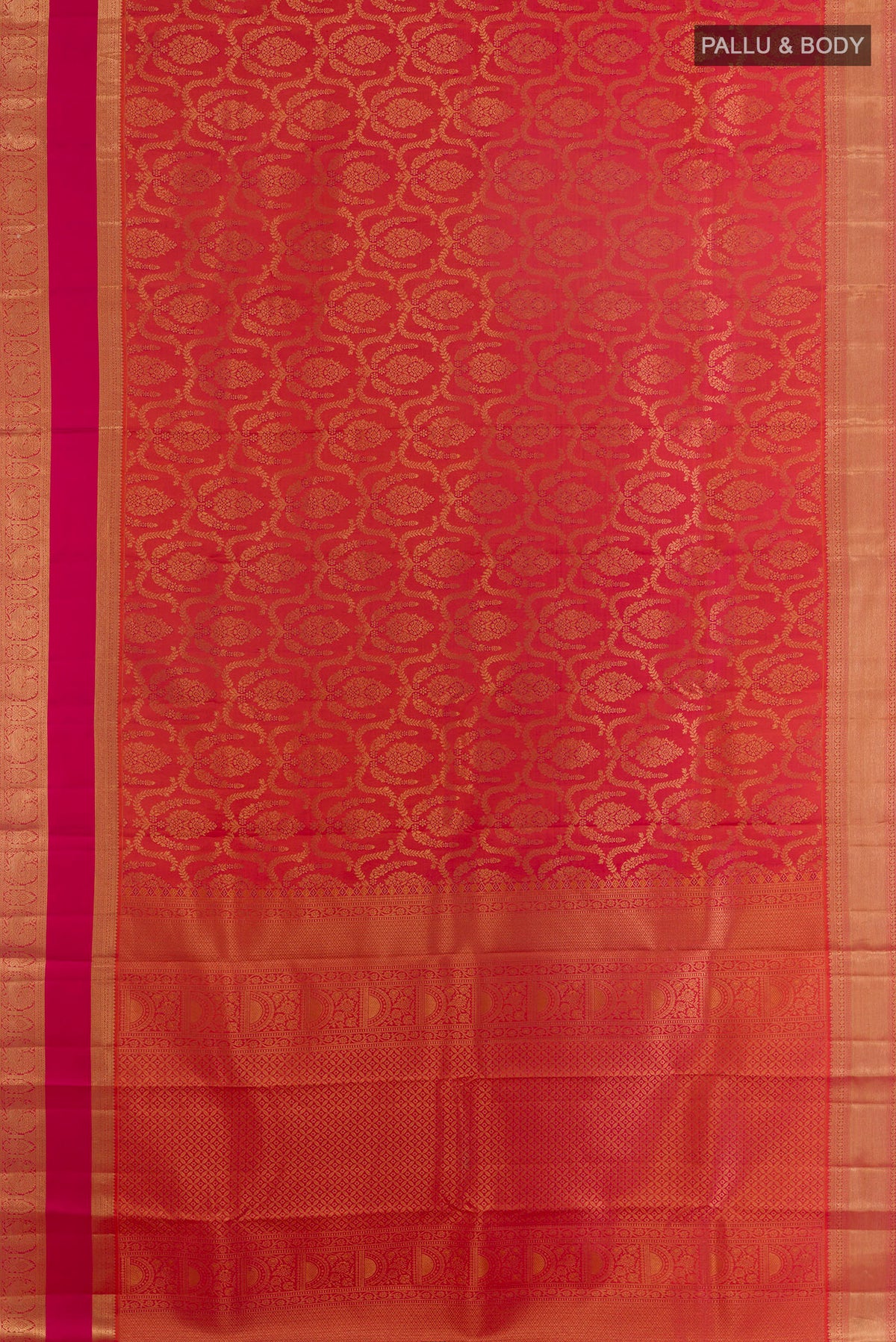Flat view of Pure Silk Brick Orange Kanchipuram Saree with Zari Brocade on the body and Zari Border. 