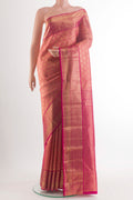 Pure Silk Coral Kanchipuram Saree with Zari Brocade on the body and Zari Border.  displayed on a mannequin