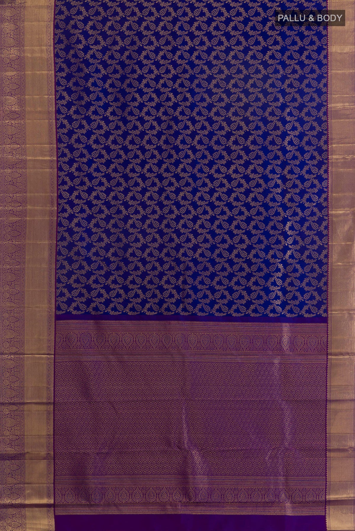 Flat view of Pure Silk Royal Blue Kanchipuram Saree with Zari Brocade on the body and Zari Border. 
