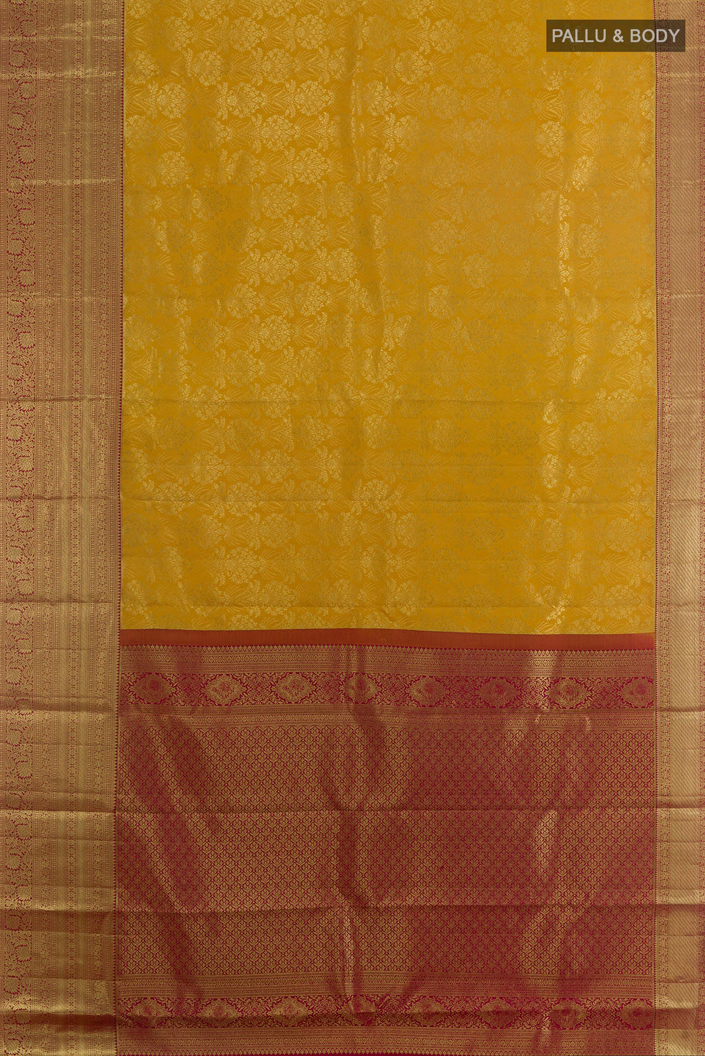 Flat view of Pure Silk Yellow Kanchipuram Saree with Zari Brocade on the body and Zari Border. 