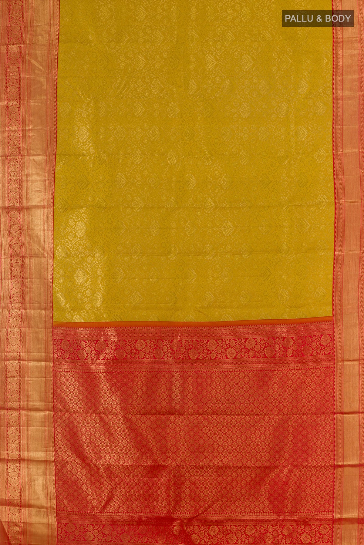 Flat view of Pure Silk Yellow Kanchipuram Saree with Zari Brocade on the body and Zari Border. 
