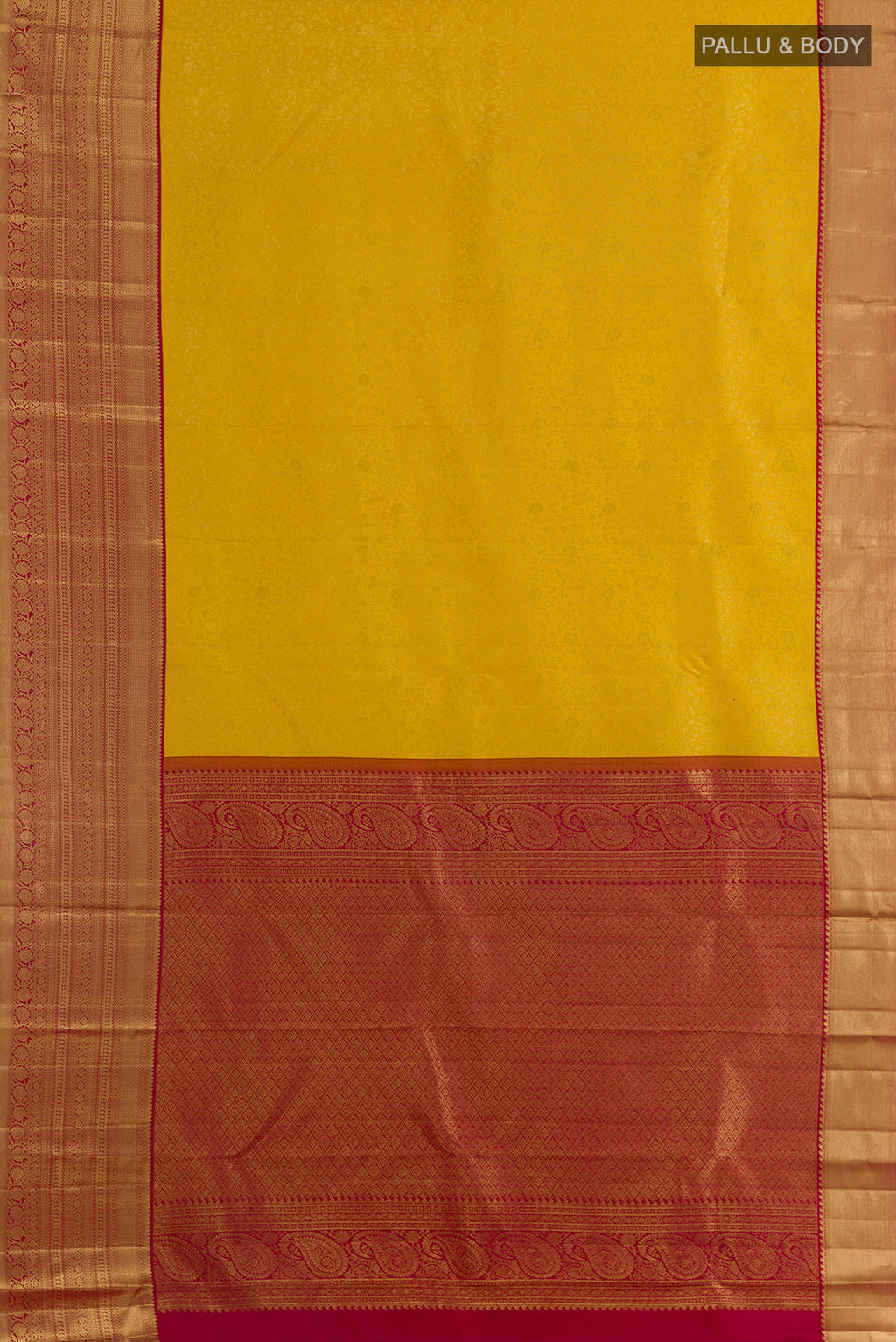 Flat view of Pure Silk Yellow Kanchipuram Saree with Zari Brocade on the body and Zari Border. 