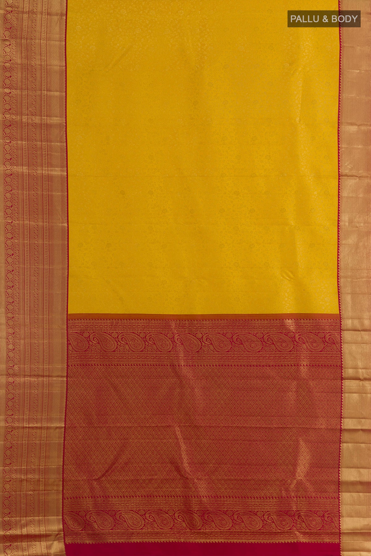 Flat view of Pure Silk Yellow Kanchipuram Saree with Zari Brocade on the body and Zari Border. 