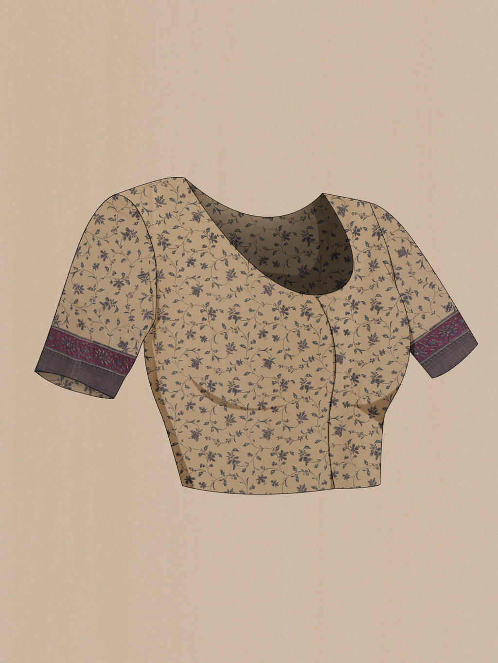 Close up image of the blouse of Purple Tussar Saree with Printed design on the body and Zari Border. 