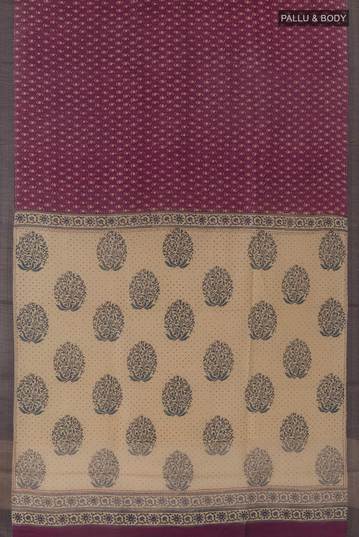 Flat view of Purple Tussar Saree with Printed design on the body and Zari Border. 