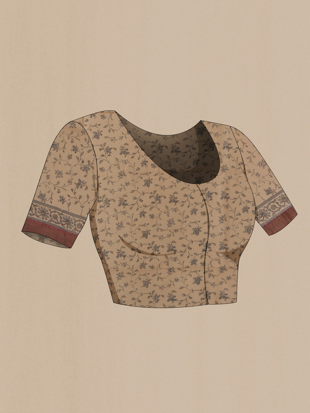 Close up image of the blouse of Rust Tussar Saree with Printed design on the body and Zari Border. 