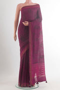 Purple Bhagalpuri Tussar Saree with Printed design on the body and Zari Border.  displayed on a mannequin