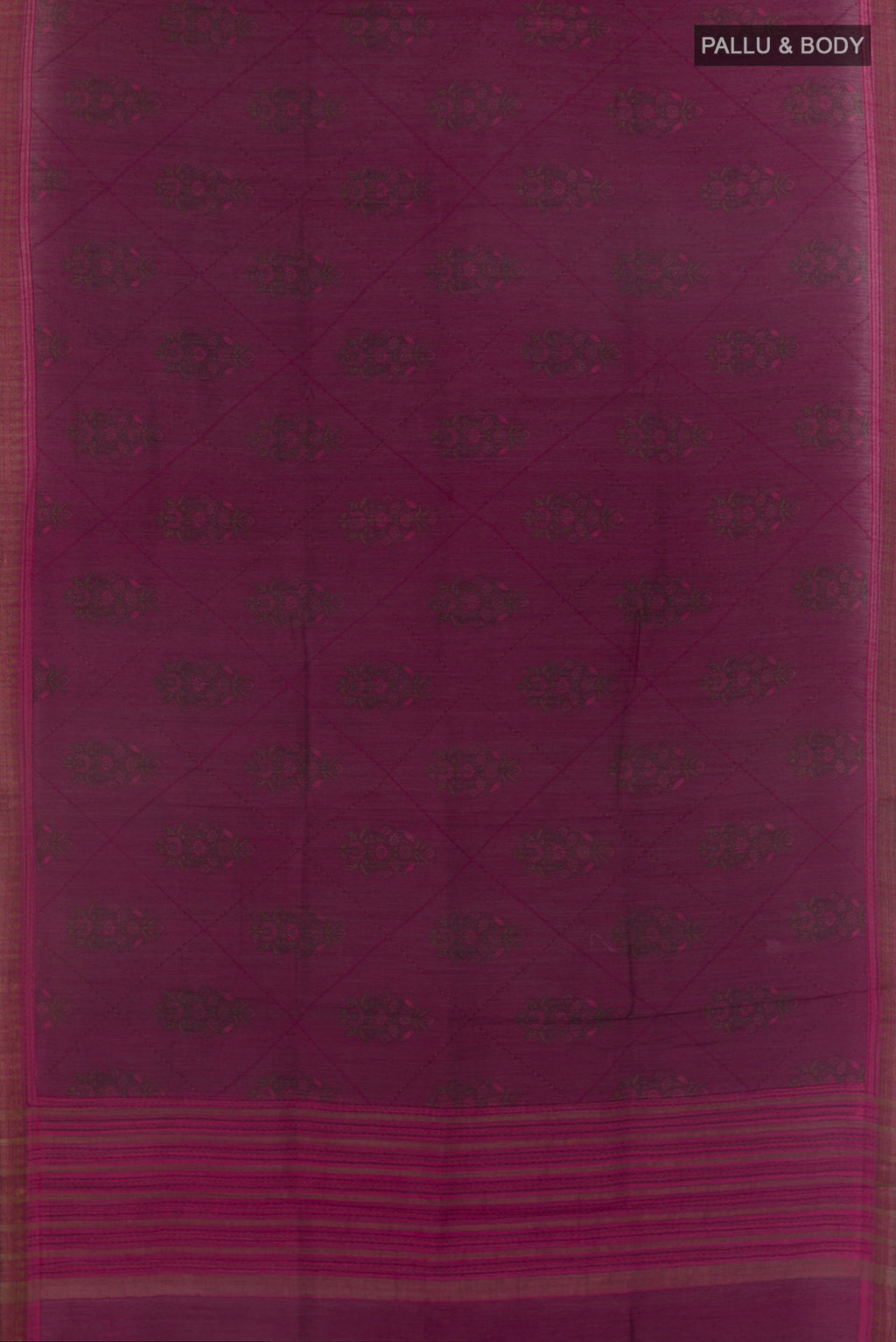 Flat view of Purple Bhagalpuri Tussar Saree with Printed design on the body and Zari Border. 