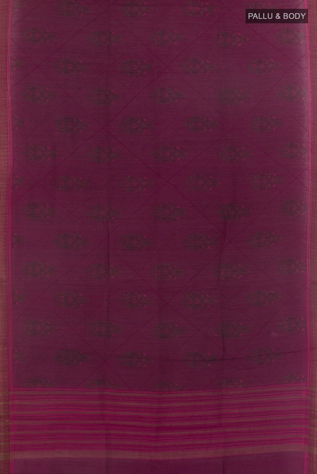 Flat view of Purple Bhagalpuri Tussar Saree with Printed design on the body and Zari Border. 