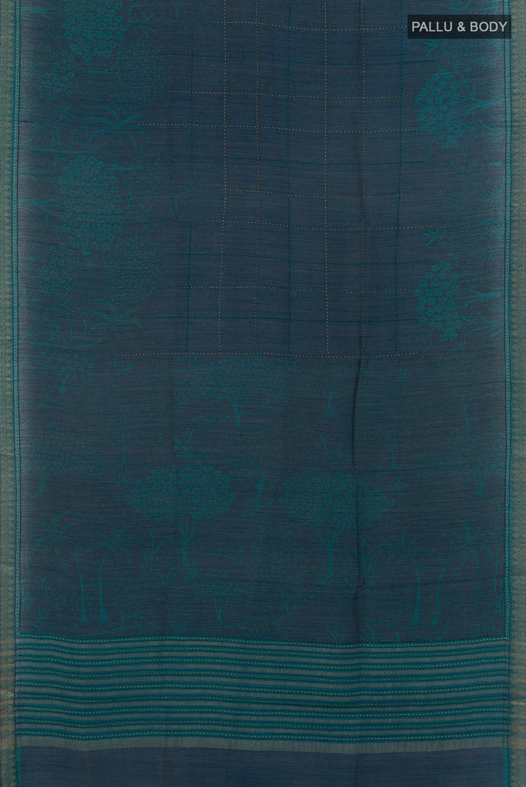 Flat view of Teal Tussar Saree with Printed design on the body and Zari Border. 