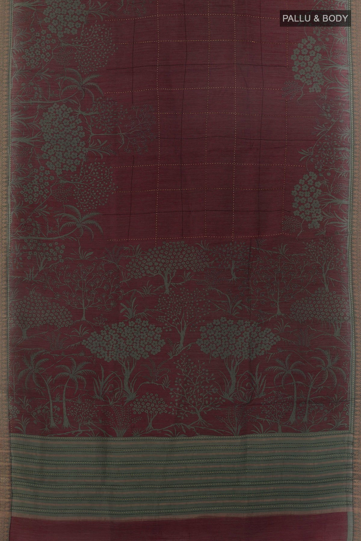 Flat view of Maroon Tussar Saree with Checked design on the body and Zari Border. 