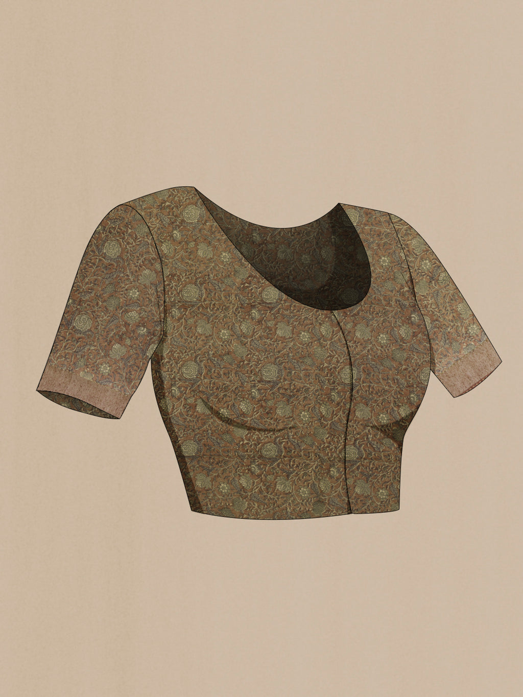 Close up image of the blouse of Olive Green Tussar Saree with Checked design on the body and Zari Border. 