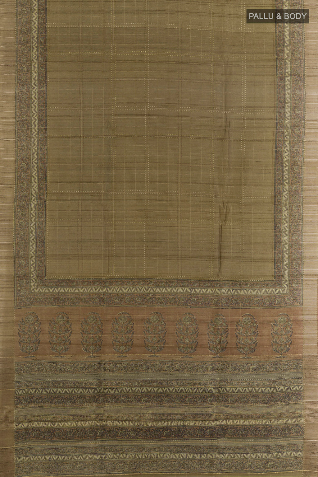 Flat view of Olive Green Tussar Saree with Checked design on the body and Zari Border. 