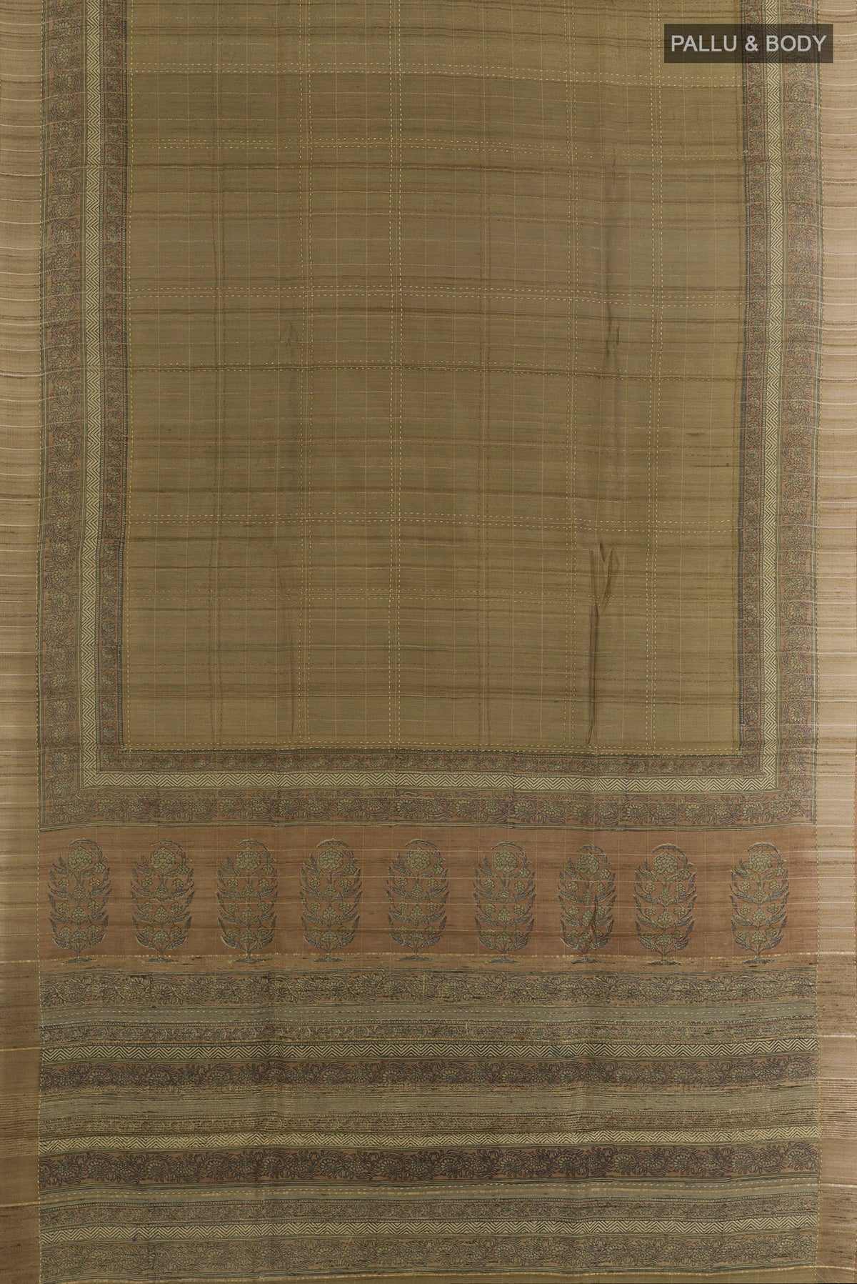 Flat view of Olive Green Tussar Saree with Checked design on the body and Zari Border. 