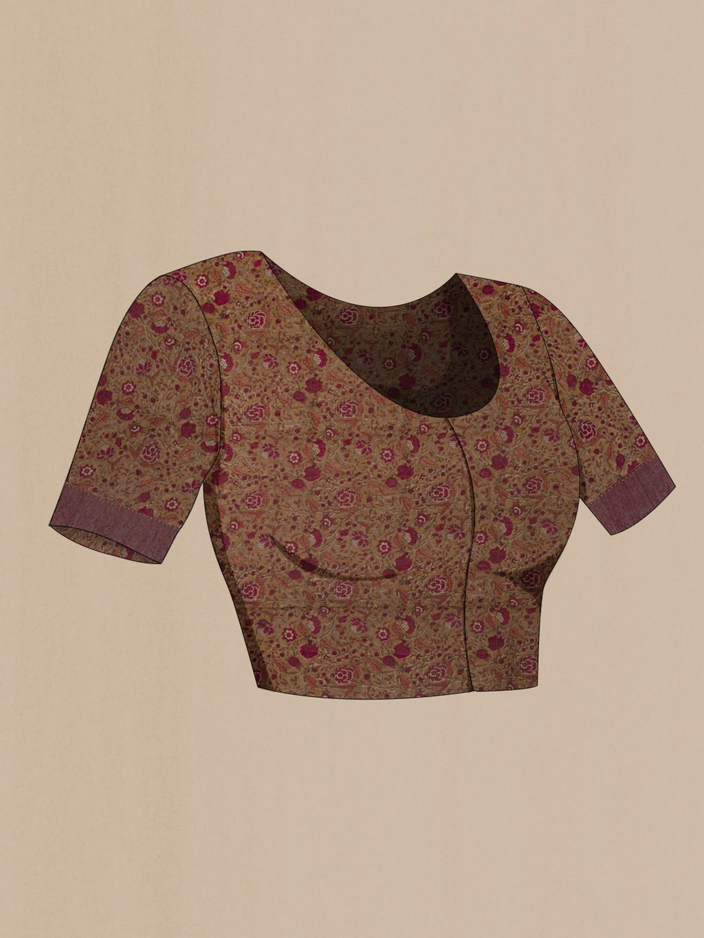 Close up image of the blouse of Mauve Tussar Saree with Checked design on the body and Zari Border. 