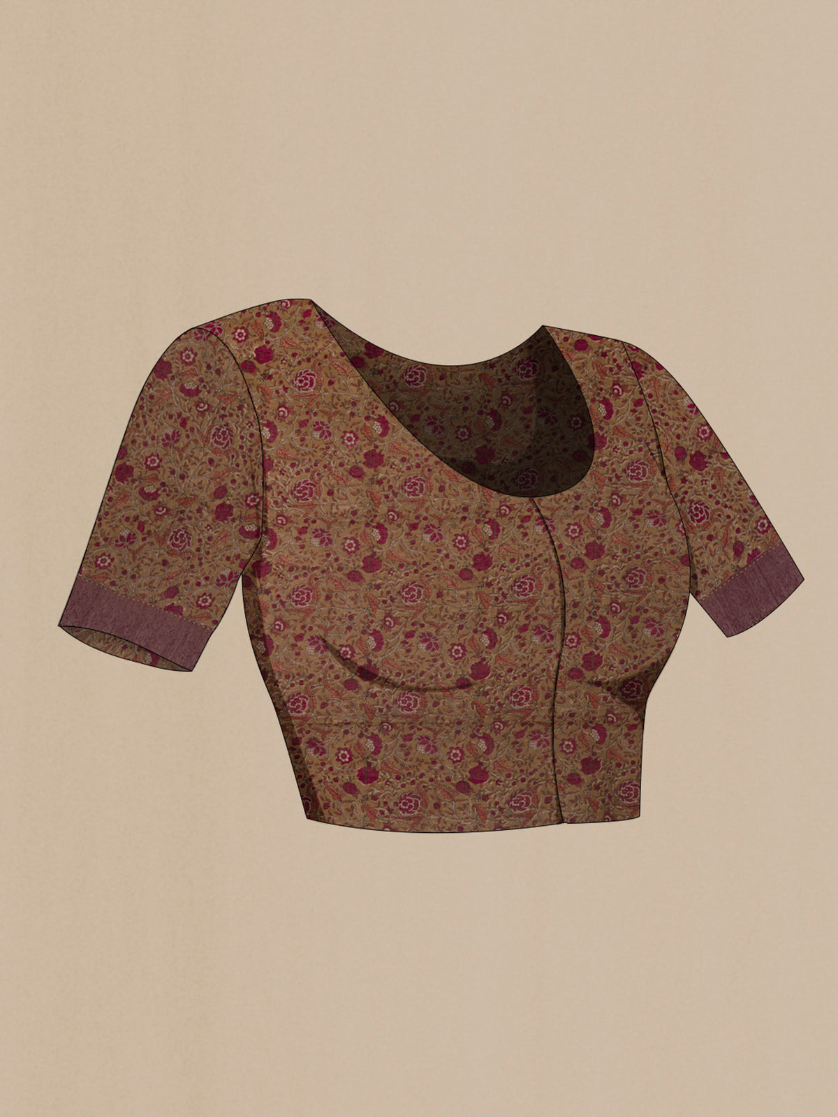 Close up image of the blouse of Mauve Tussar Saree with Checked design on the body and Zari Border. 