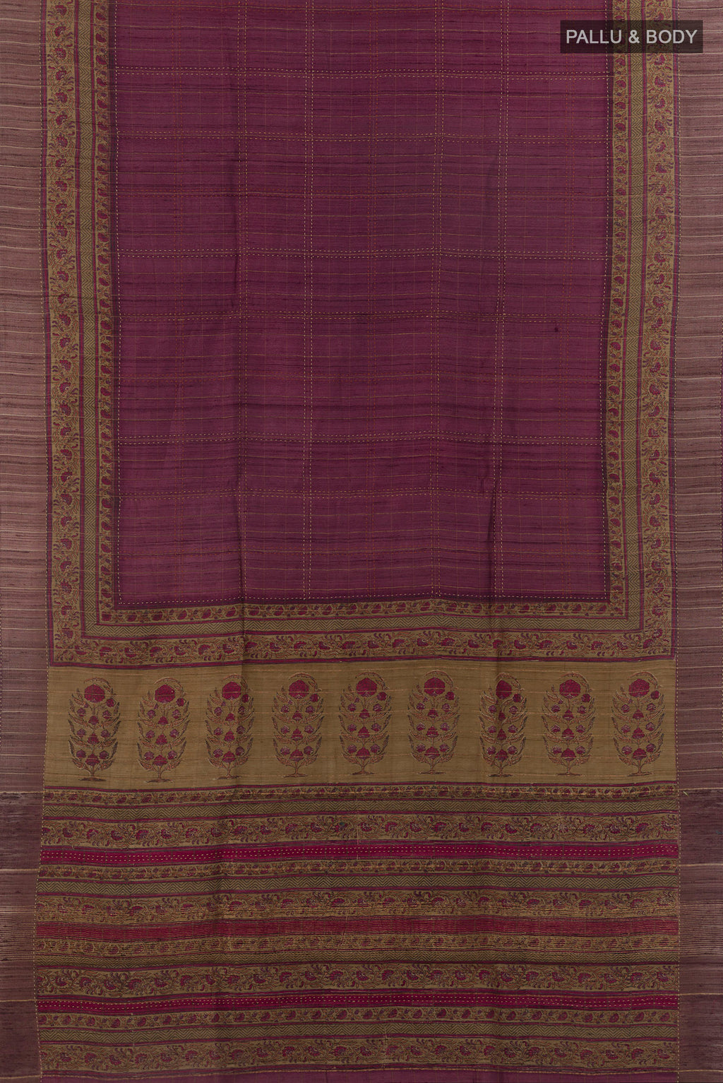 Flat view of Mauve Tussar Saree with Checked design on the body and Zari Border. 