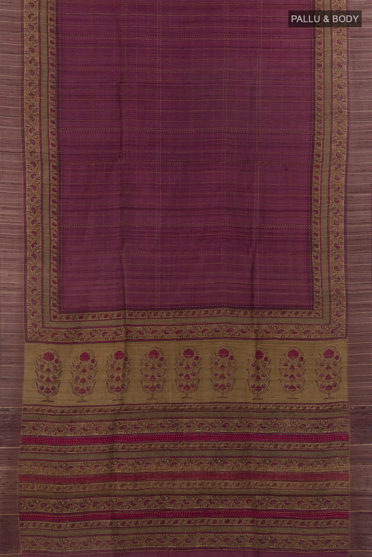 Flat view of Mauve Tussar Saree with Checked design on the body and Zari Border. 