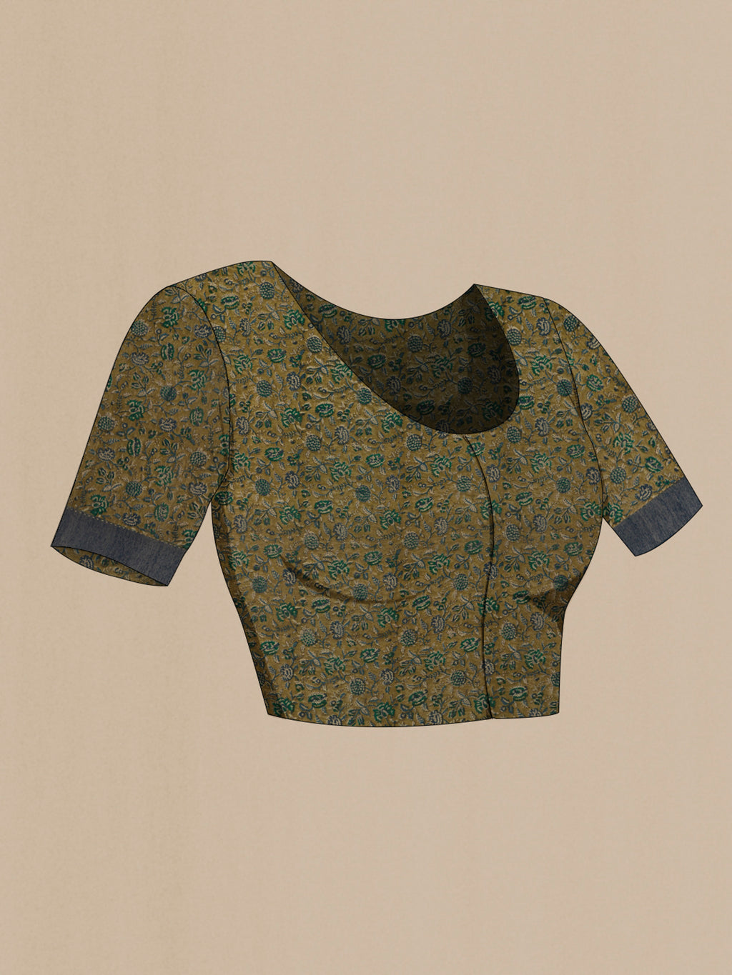 Close up image of the blouse of Green Tussar Saree with Checked design on the body and Printed Border. 