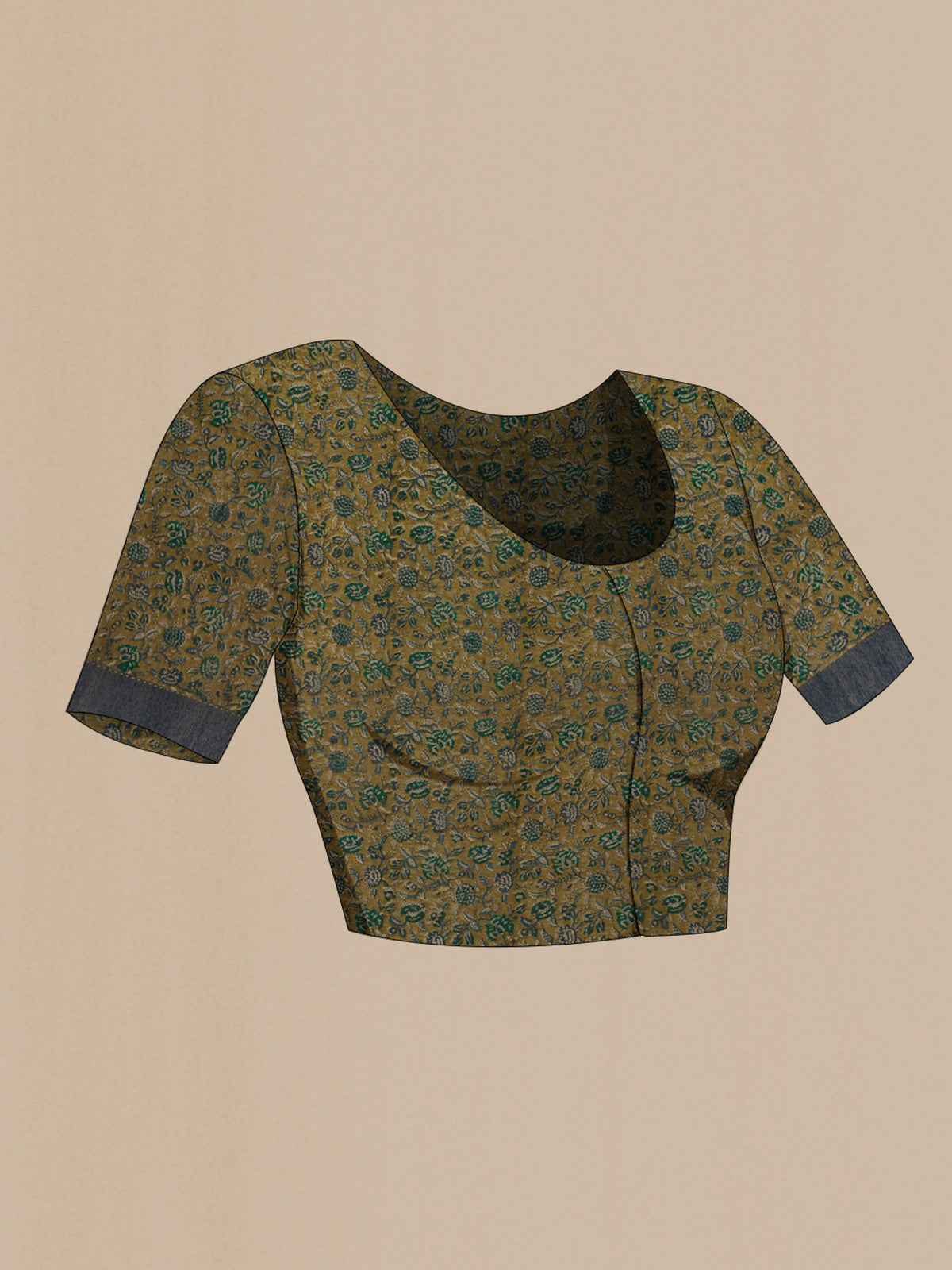 Close up image of the blouse of Green Tussar Saree with Checked design on the body and Printed Border. 