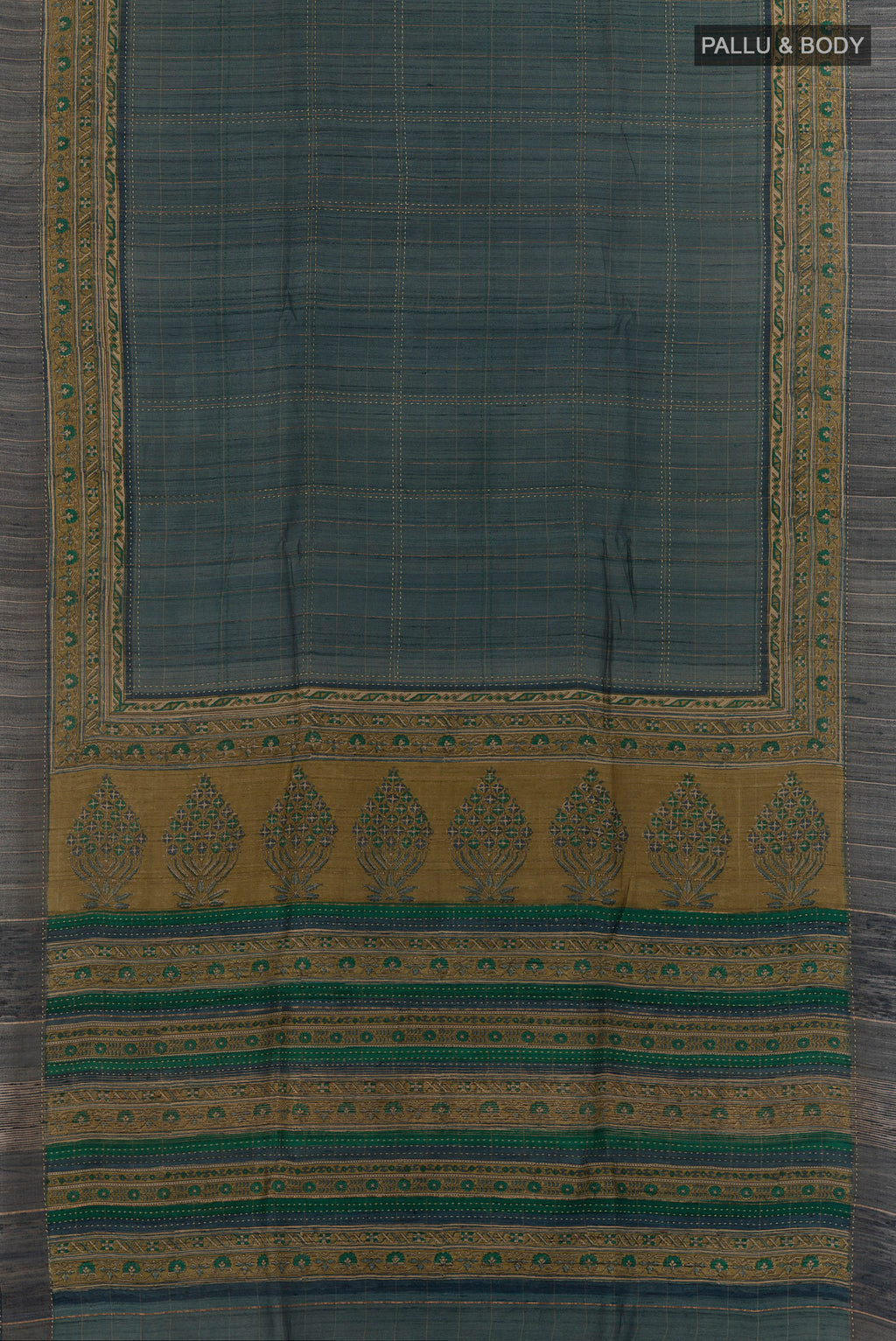 Flat view of Green Tussar Saree with Checked design on the body and Printed Border. 